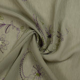 Mousseline crinkle fleurs brodées fond sauge