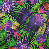 Coton imprimé jungle florale violet fond bleu nuit