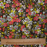 Coton imprimé vent floral corail fond marron