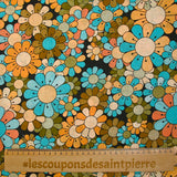 Coton imprimé flower power marron fond noir