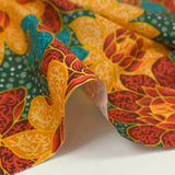 Cotton printed with winter shine, pine green background