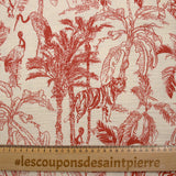 Double gaze imprimée toile de Jouy jungle rouge fond écru