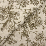 Double gaze imprimée toile de Jouy oiseaux taupe fond écru