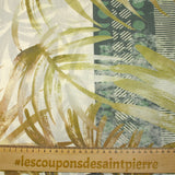 Voile de polycoton imprimé frise et palmiers vert et marron fond écru