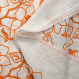 Lin viscose brodé ajouré fleurs orange fond blanc