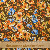 Mousseline crinkle satinée tableau de fleurs jaunes et bleues fond marron