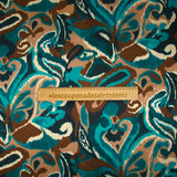 Polyester satin printed with brown and duck blue cashmere vibes
