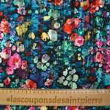 Banda de raso de muselina estampada Flora fondo verde agua, violeta y negro cielo