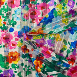 Printed muslin satin band Flora pink, purple and green white background