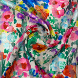 Printed muslin satin band Flora pink, purple and green white background
