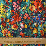 Banda de raso de muselina estampada Flora fondo coral, amarillo y verde mar marino