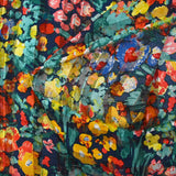 Banda de raso de muselina estampada Flora fondo coral, amarillo y verde mar marino
