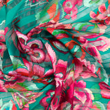 Printed muslin satin band carnival of flowers green background