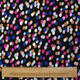 Viscose imprimée confettis magenta, camel et bleu roi fond noir