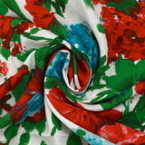 Viscose imprimée éclat de roses rouge et turquoise fond blanc