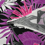 Viscose imprimée végétation tropicale rose et violet fond noir