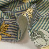 Sergé de coton imprimé roseraie vintage jaune pâle et bleu