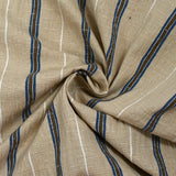Coton doupionné effet seersucker rayé marron et marine fond beige
