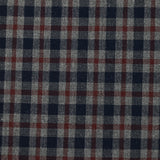 Woven-dyed polycotton with navy and dark burgundy checks on a mottled gray background