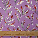 Maille de viscose satinée imprimée brin de muguet fond mauve