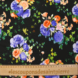 Maille de viscose satinée imprimée fleurs de nuit pêche et bleu fond noir