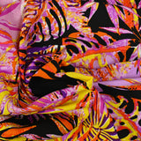 Viscose imprimée jungle jaune et violet fond noir