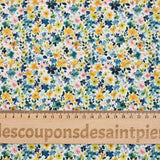 Voile de coton imprimé digital petites fleurs aquarelle jaune et bleu sur fond blanc