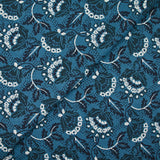 Indian cotton printed white flower and petroleum blue denim background