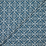 Indian cotton printed white floral mosaic with denim blue background