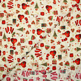 Cotton poplin printed with reindeer, snowmen and gifts on an ecru background