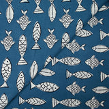 Indian cotton fish print, petrol blue background