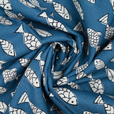 Indian cotton fish print, petrol blue background