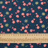 Cotton poplin printed with coral roses and gold flakes on a steel blue background