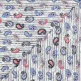 Coton imprimé cachemire bleu barbeau et rouge fond rayé bleu marine