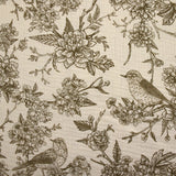 Double gaze imprimée toile de Jouy oiseaux taupe fond écru