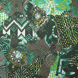Maille crêpe imprimée patchwork ethnique turquoise et vert fond kaki