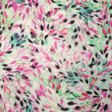 Viscose imprimée encre de feuilles turquoise et rose fond blanc
