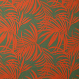 Viscosa estampada hojas tropicales fondo verde naranja