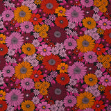 Viscose imprimée fleurs sixties rouge, prune et orchidée