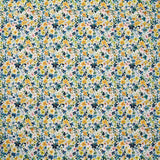 Voile de coton imprimé digital petites fleurs aquarelle jaune et bleu sur fond blanc