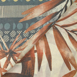 Voile de polycoton imprimé frise et palmiers bleu et brique fond écru