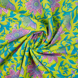 Algodón indio estampado Parvati fondo turquesa y amarillo rosa