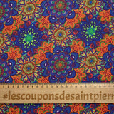 Algodón estampado mandala índigo, verde y naranja