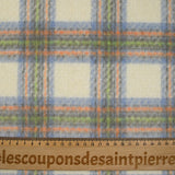 Brushed wool blend in ecru, blue, gray, orange and green checks