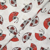Coton imprimé éventail rouge et noir fond blanc