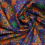 Algodón estampado mandala índigo, verde y naranja