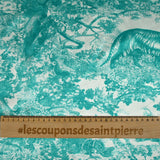 Satin de soie imprimé dans la jungle turquoise fond blanc