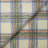 Brushed wool blend in ecru, blue, gray, orange and green checks