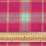 Woven cotton dyed gold lurex check pink background