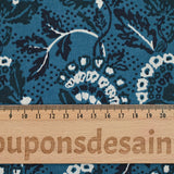 Indian cotton printed white flower and petroleum blue denim background